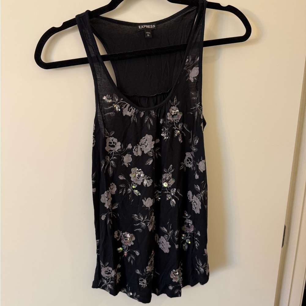Express Black Floral Women's Tank Top Y2K